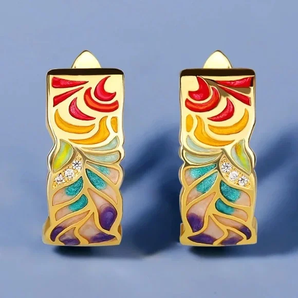 Cat Anthro DOPAMINE Gold Over Silver Enamel Boho Ornament Wide Earrings Jewelry - Picture 15 of 16